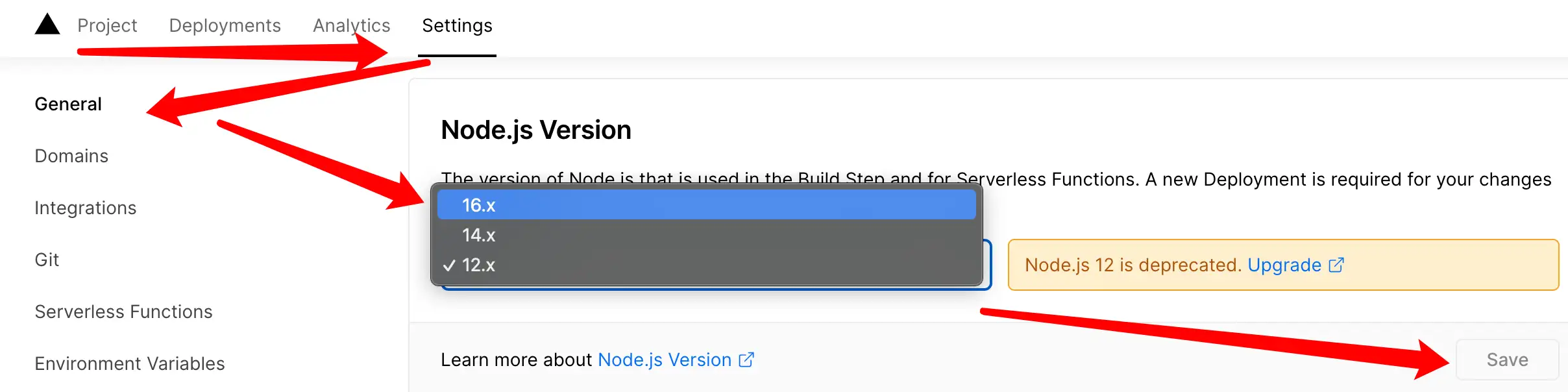 修改 Vercel 中 Node.js 的版本