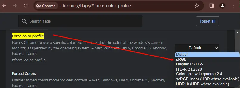 Google Chrome Force color profile 设置