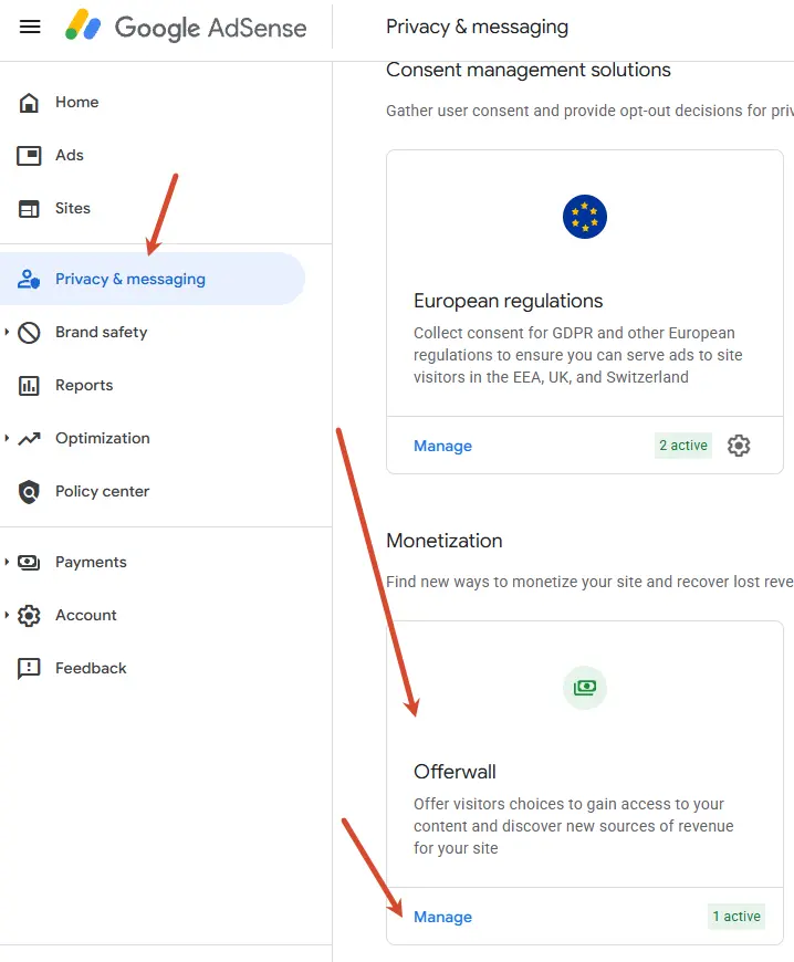 Google AdSense Offerwall Management Page